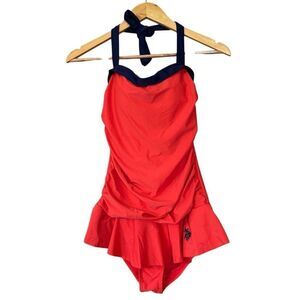 U.S. Polo Assn one piece halter ruffle skirt swimsuit red blue medium